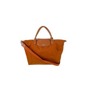 Longchamp Burnt Orange Nylon with Brown Leather Top Handle Crossbody Strap